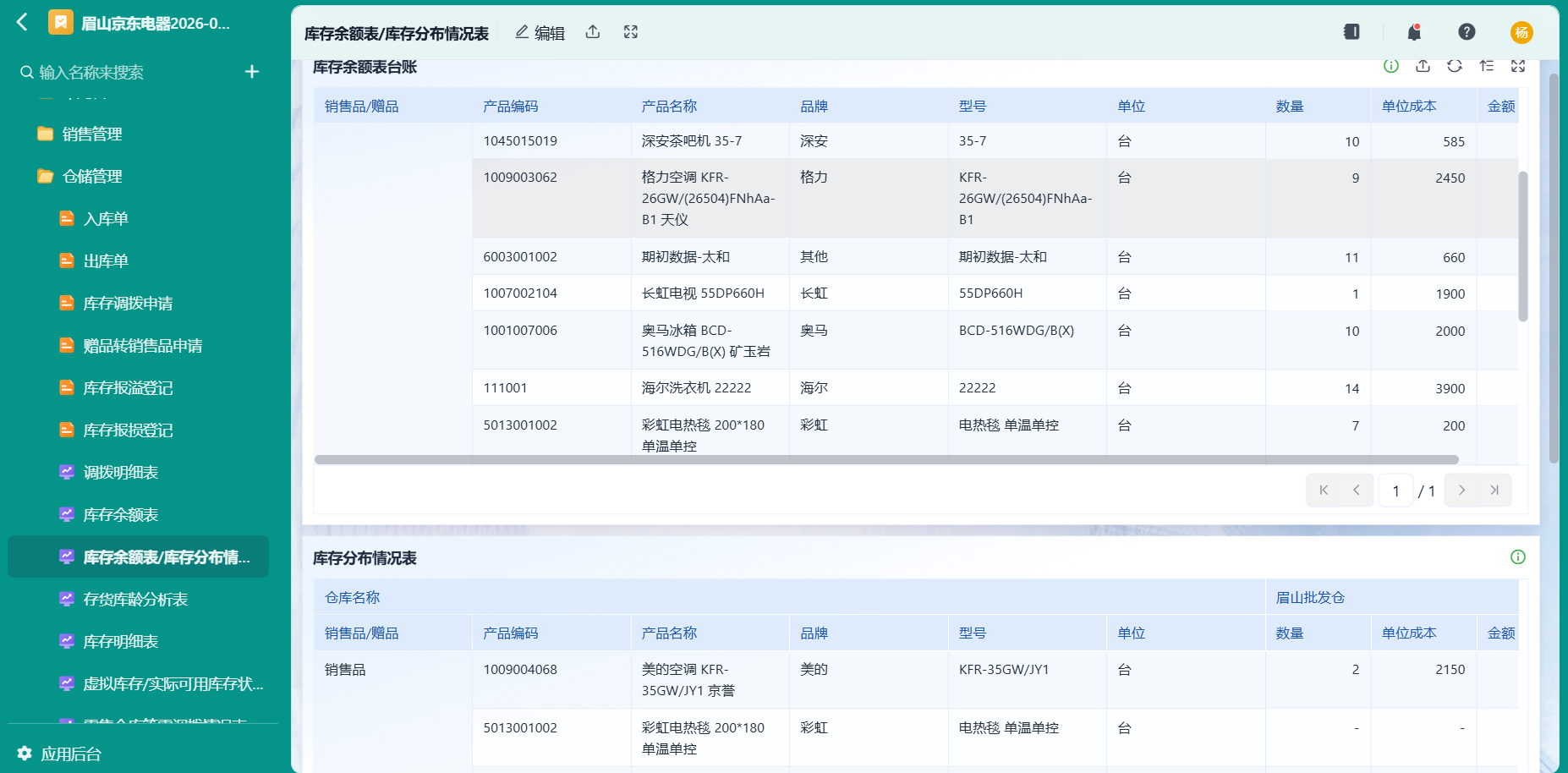 库存余额表、库存分布情况表