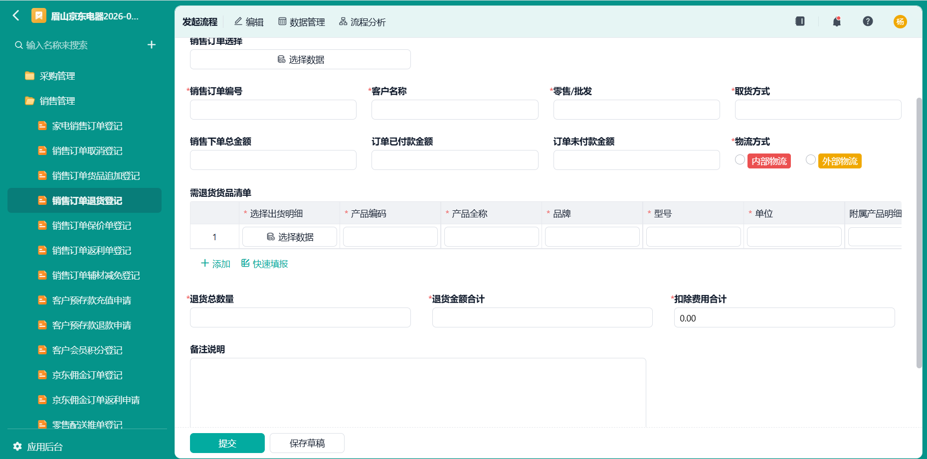 销售订单退货登记