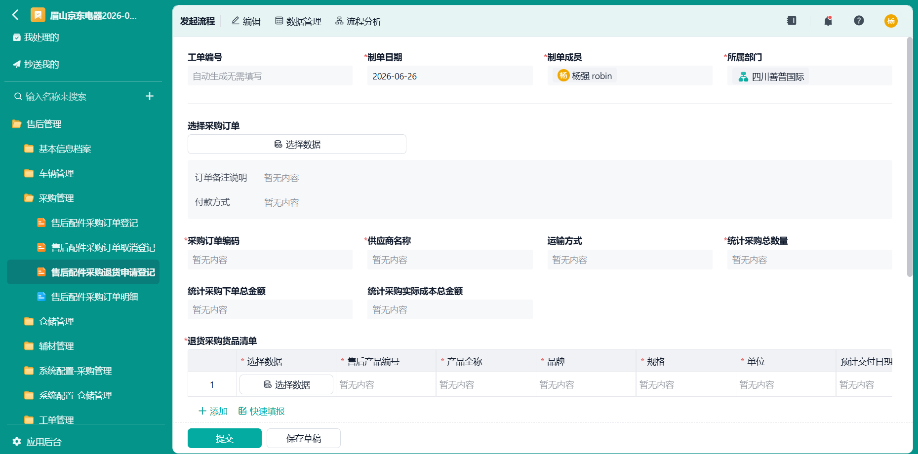售后配件采购退货申请登记1