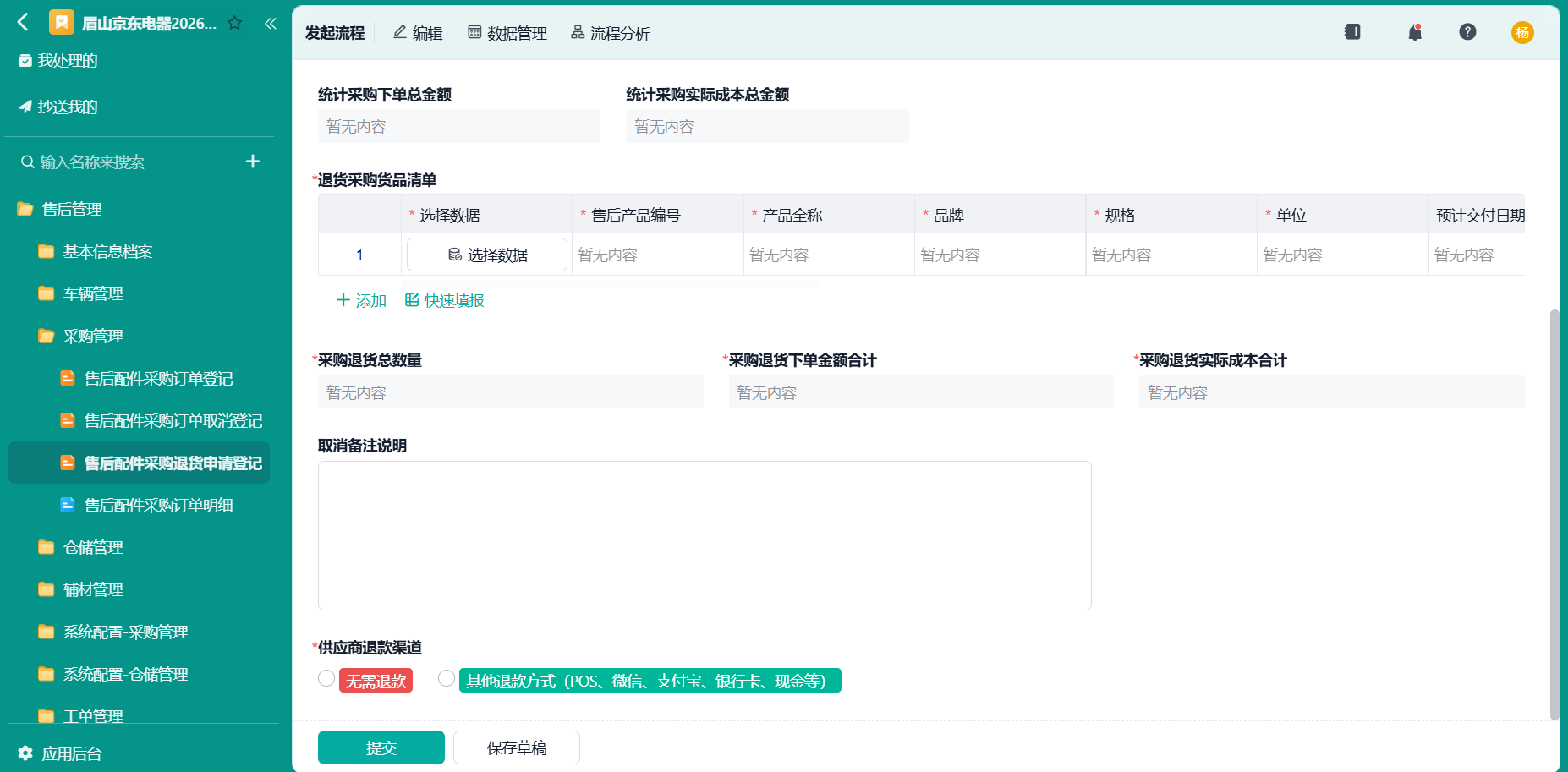 售后配件采购退货申请登记2