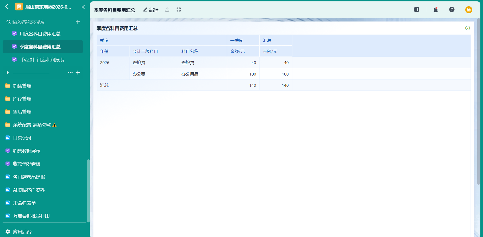 季度各科目费用汇总